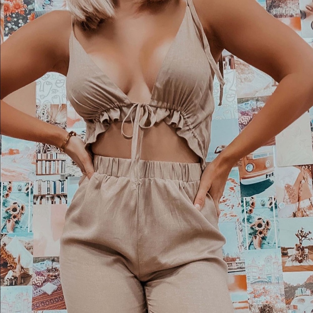 tan nude cut out jumpsuit